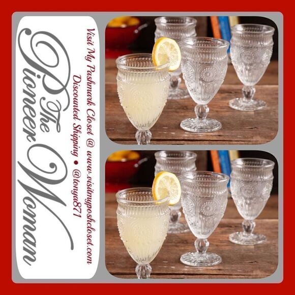 🦋 New Pioneer Woman Adeline 12-Ounce Footed Glass Goblets, Set of 8, Clear